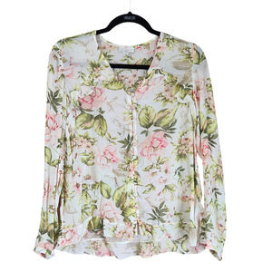 J. Jill Womens Top Blouse Shirt Size XS White Pink Green Floral Flowers Spring